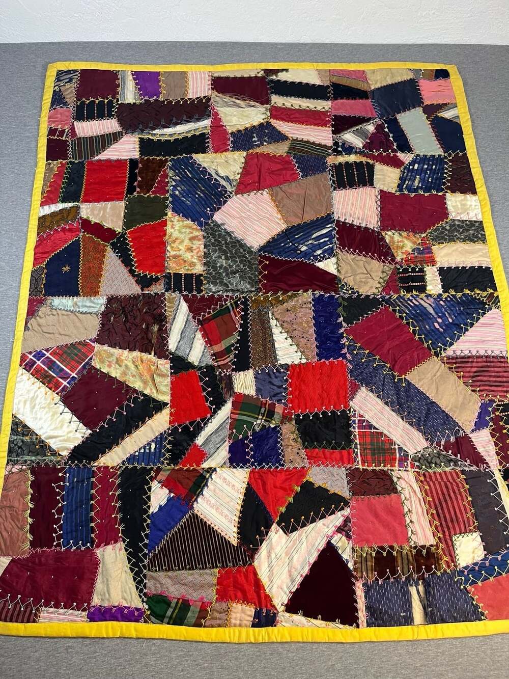 Antique Victorian Silk And Velvet Crazy Quilt Hand Stitched Patchwork
